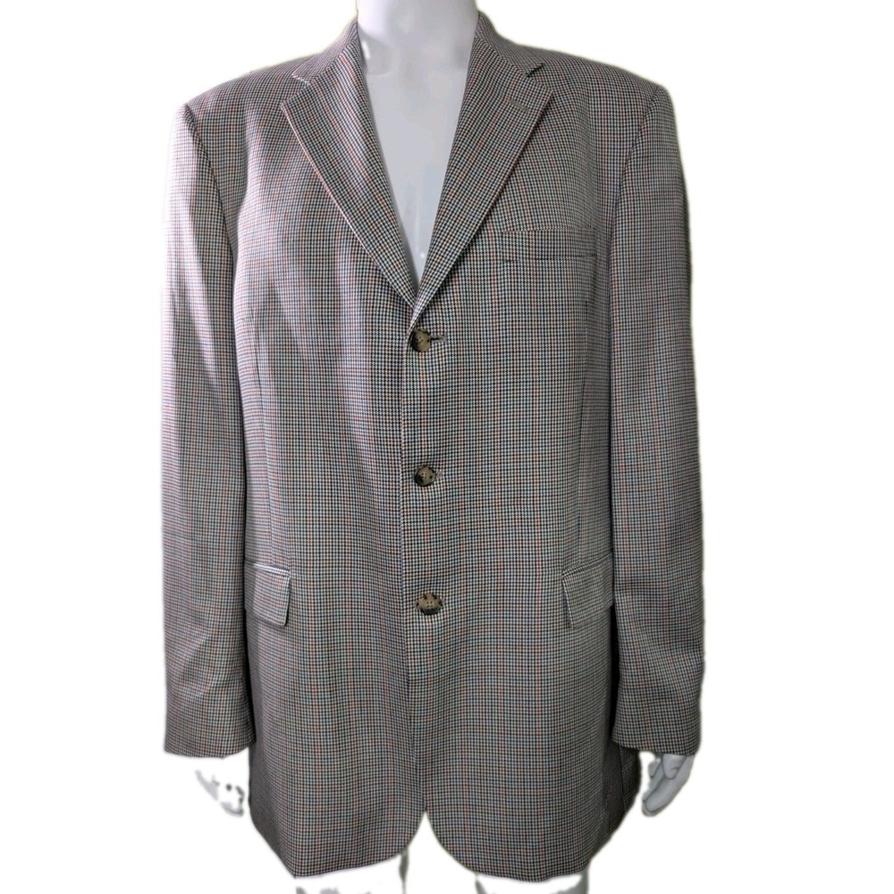VTG 90s Tommy Hilfiger Men's 44L Wool Silk Houndstooth Plaid‎ Blazer Old Money